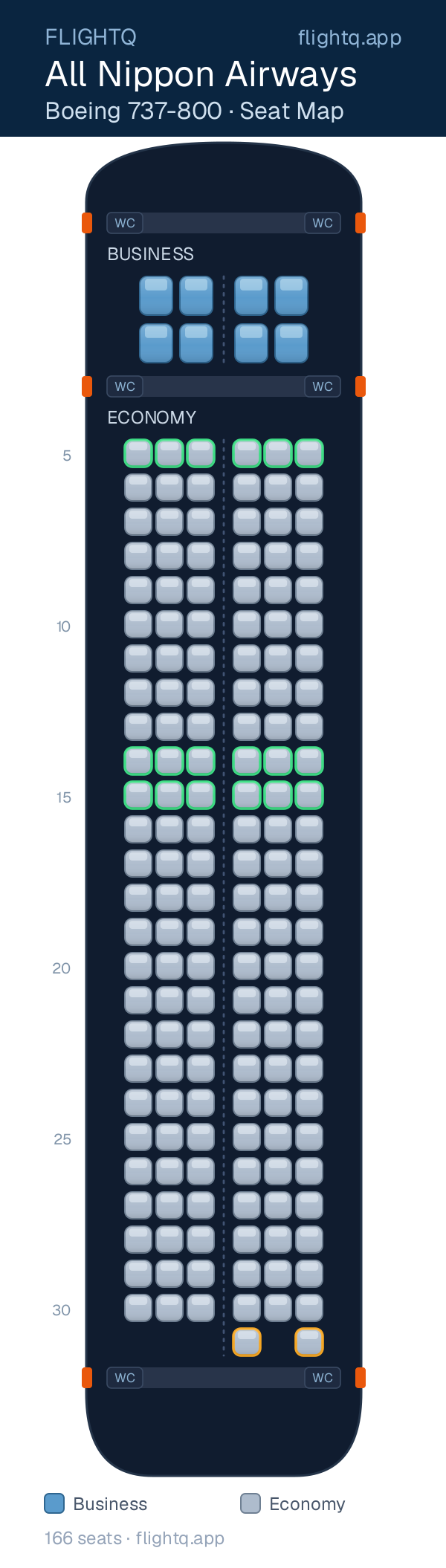 All Nippon Airways Boeing 737-800 seat map with 166 seats across 2 cabins — best seats and rows to avoid