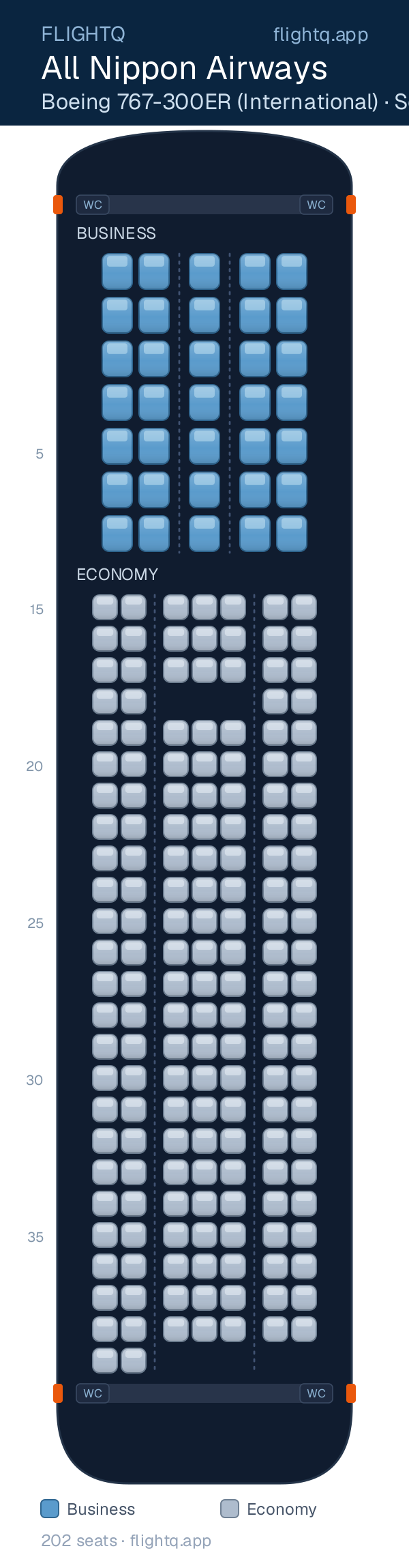 All Nippon Airways Boeing 767-300ER seat map with 202 seats across 2 cabins — best seats and rows to avoid