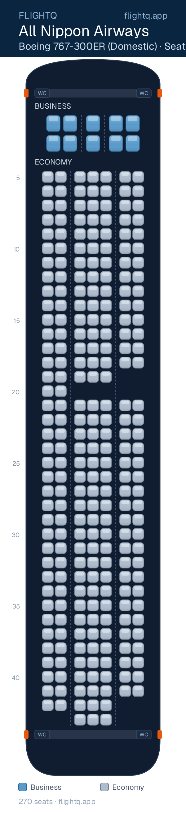 All Nippon Airways Boeing 767-300ER seat map with 270 seats across 2 cabins — best seats and rows to avoid