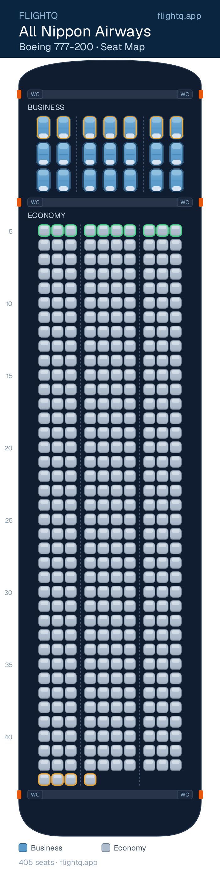 All Nippon Airways Boeing 777-200 seat map with 405 seats across 2 cabins — best seats and rows to avoid