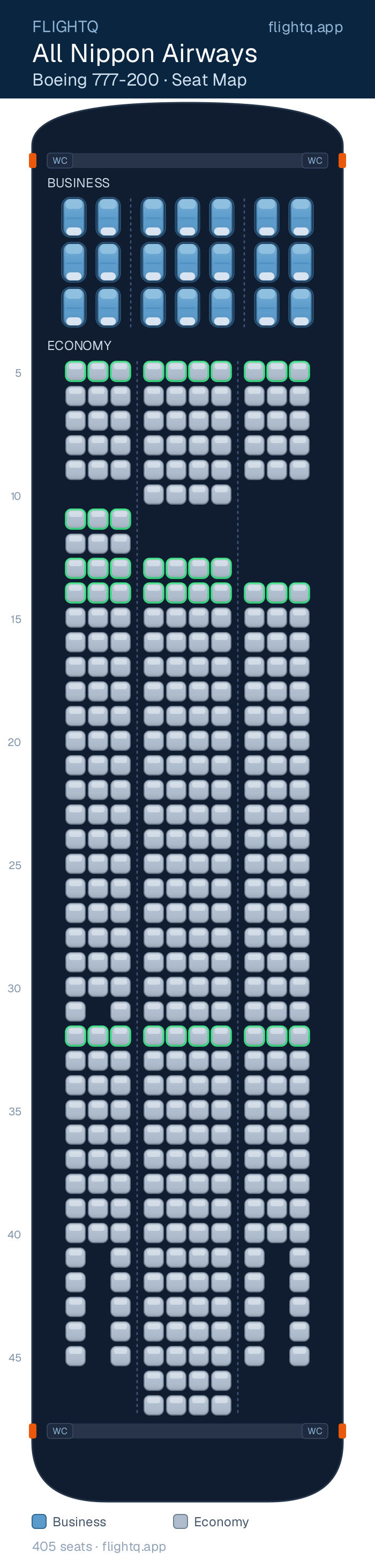 All Nippon Airways Boeing 777-200 seat map with 405 seats across 2 cabins — best seats and rows to avoid