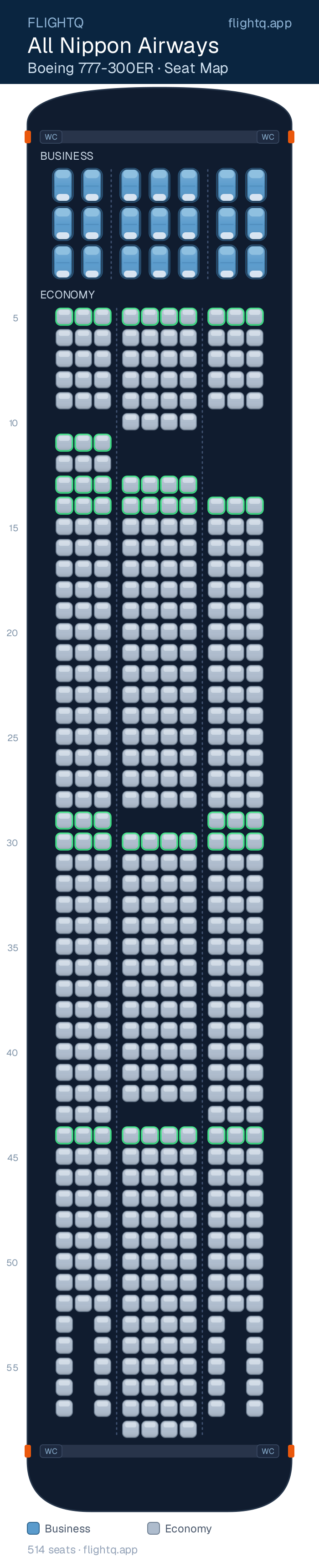 All Nippon Airways Boeing 777-300ER seat map with 514 seats across 2 cabins — best seats and rows to avoid