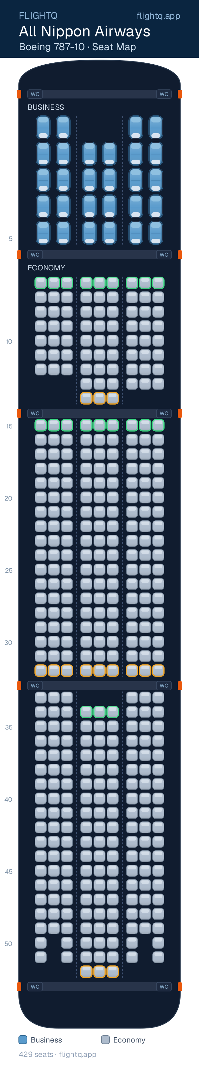 All Nippon Airways Boeing 787-10 Dreamliner seat map with 429 seats across 2 cabins — best seats and rows to avoid