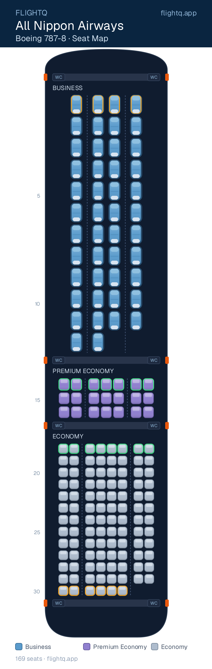 All Nippon Airways Boeing 787-8 Dreamliner seat map with 169 seats across 3 cabins — best seats and rows to avoid