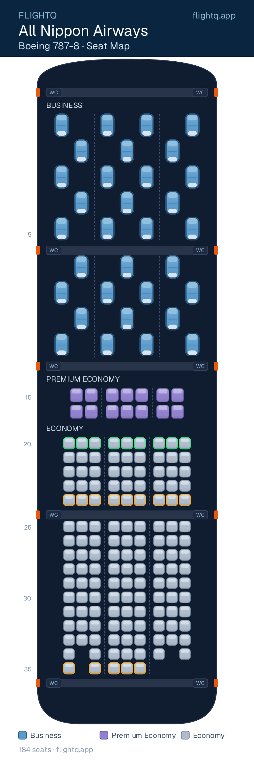 All Nippon Airways Boeing 787-8 Dreamliner seat map with 184 seats across 3 cabins — best seats and rows to avoid