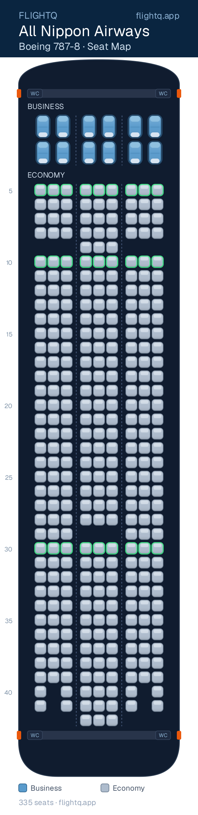 All Nippon Airways Boeing 787-8 Dreamliner seat map with 335 seats across 2 cabins — best seats and rows to avoid