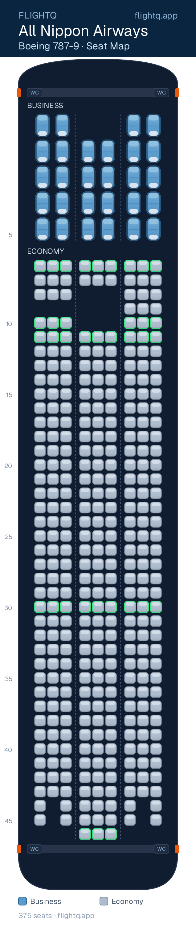 All Nippon Airways Boeing 787-9 Dreamliner seat map with 375 seats across 2 cabins — best seats and rows to avoid