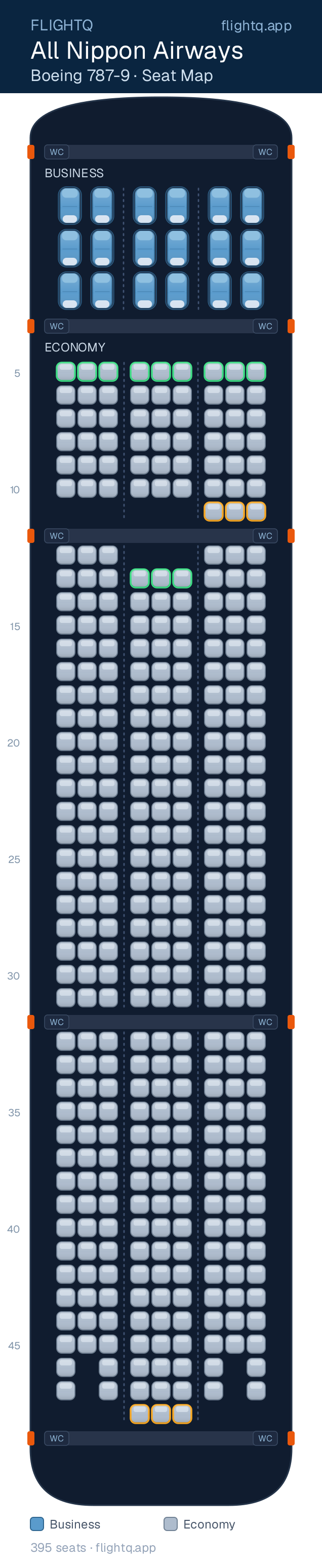 All Nippon Airways Boeing 787-9 Dreamliner seat map with 395 seats across 2 cabins — best seats and rows to avoid