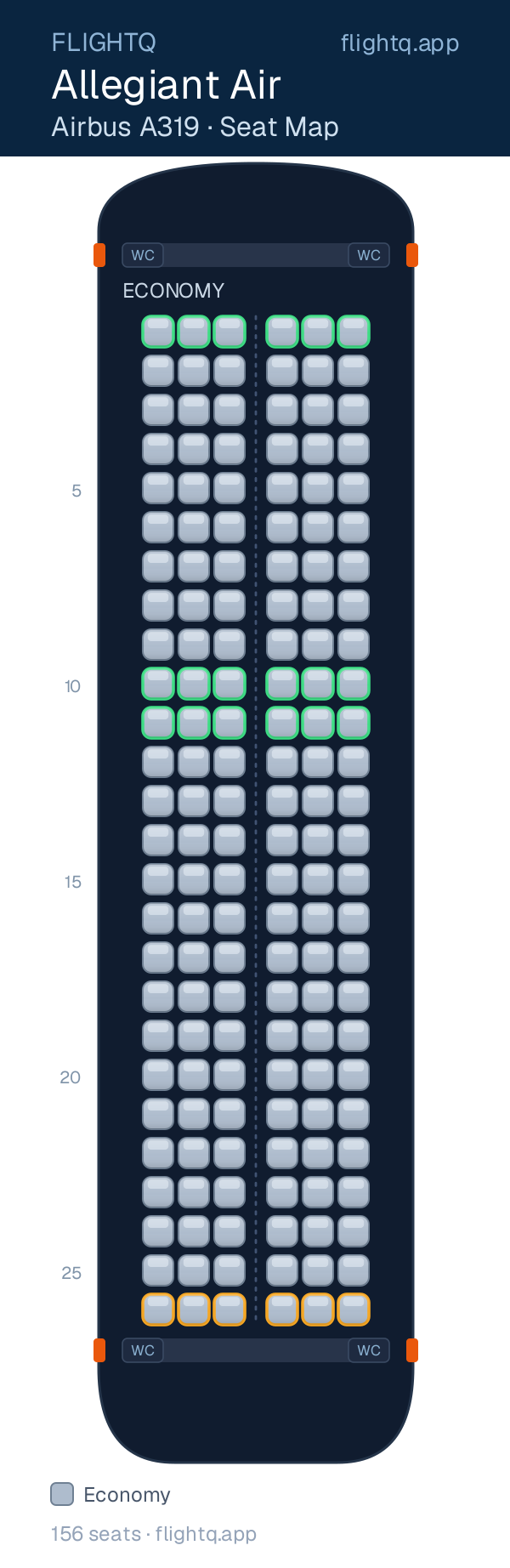 Allegiant Air Airbus A319 seat map with 156 seats — best seats and rows to avoid