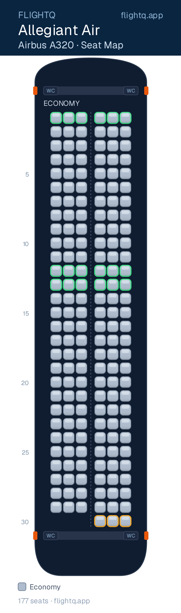 Allegiant Air Airbus A320 seat map with 177 seats — best seats and rows to avoid
