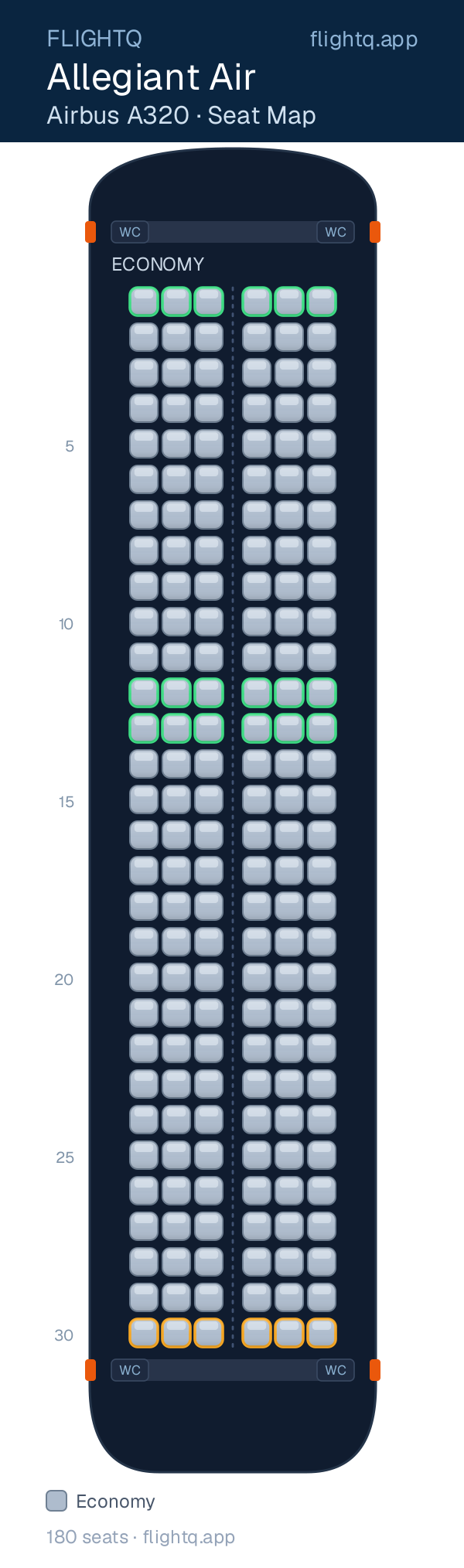 Allegiant Air Airbus A320 seat map with 180 seats — best seats and rows to avoid