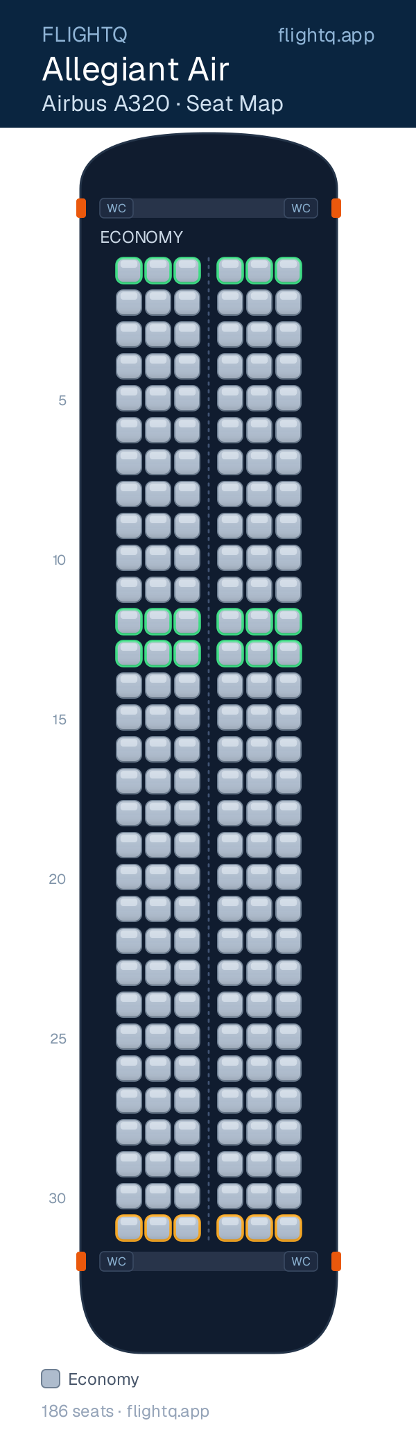 Allegiant Air Airbus A320 seat map with 186 seats — best seats and rows to avoid