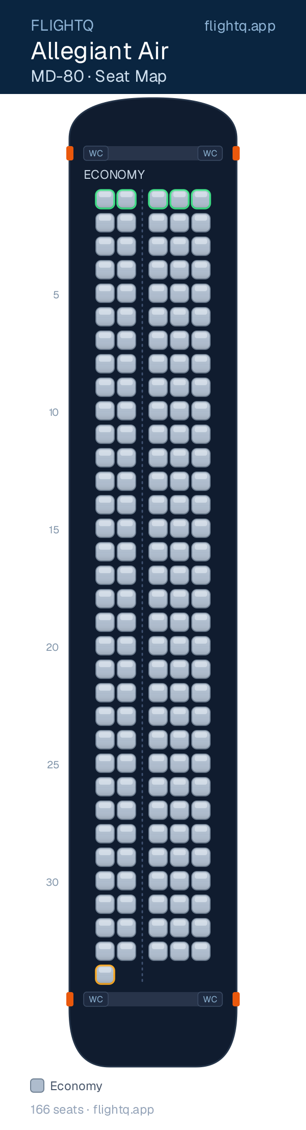 Allegiant Air McDonnell Douglas MD-80 seat map with 166 seats — best seats and rows to avoid