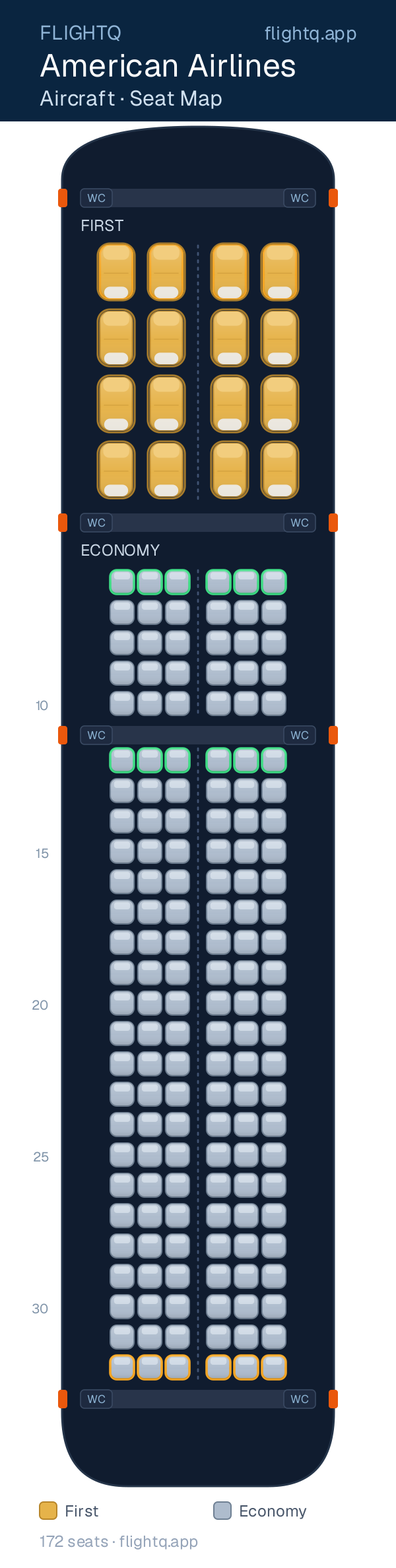 American Airlines seat map with 172 seats across 2 cabins — best seats and rows to avoid