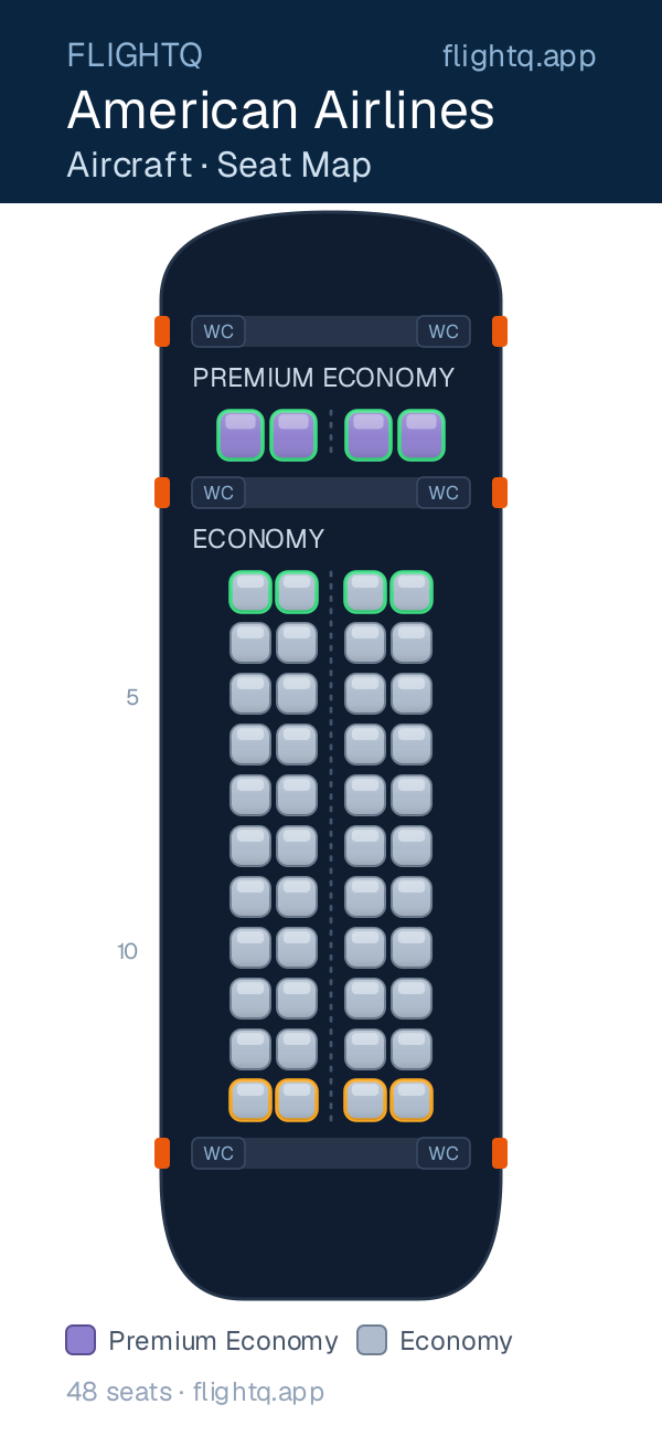 American Airlines seat map with 48 seats across 2 cabins — best seats and rows to avoid