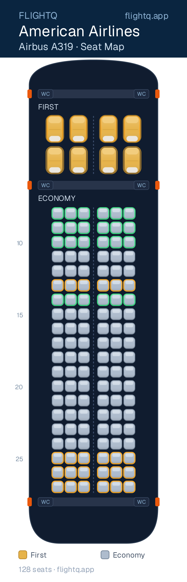 American Airlines Airbus A319 seat map with 128 seats across 2 cabins — best seats and rows to avoid