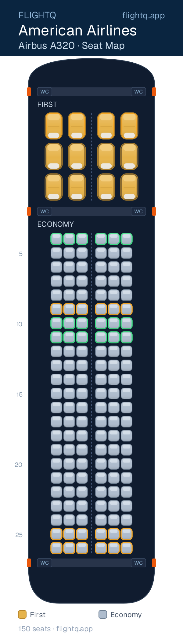 American Airlines Airbus A320 seat map with 150 seats across 2 cabins — best seats and rows to avoid