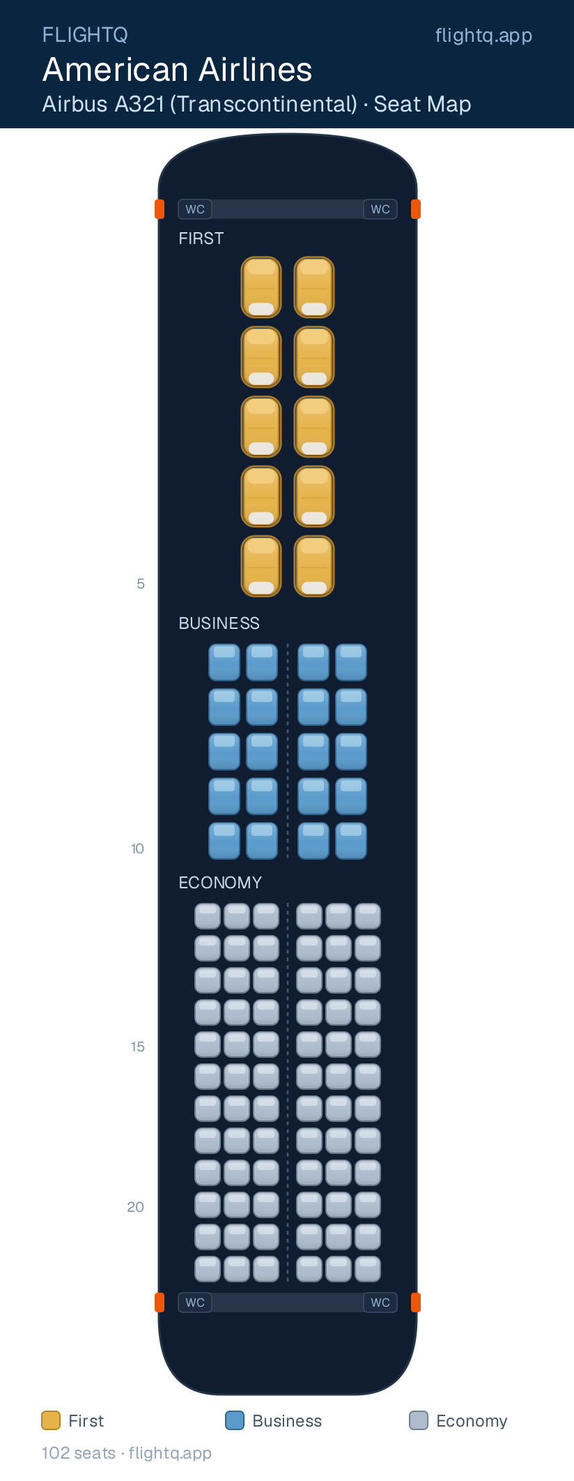 American Airlines Airbus A321 seat map with 102 seats across 3 cabins — best seats and rows to avoid