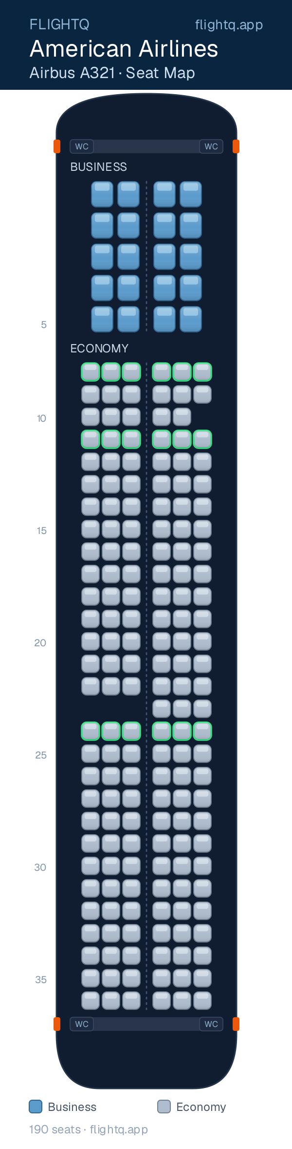 American Airlines Airbus A321 seat map with 190 seats across 2 cabins — best seats and rows to avoid