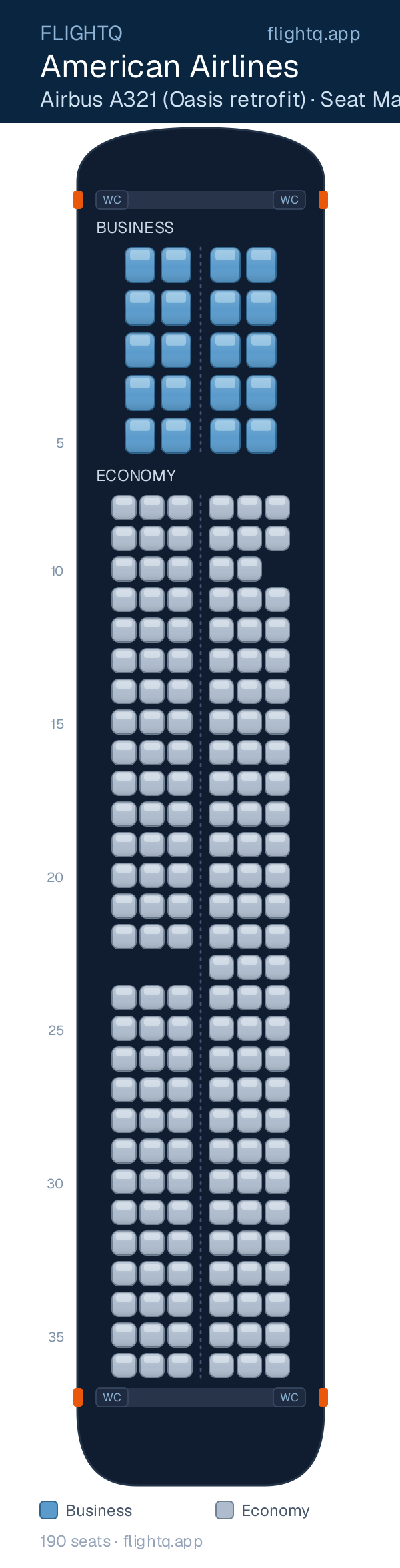 American Airlines Airbus A321 seat map with 190 seats across 2 cabins — best seats and rows to avoid