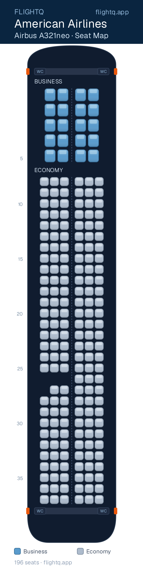 American Airlines Airbus A321 seat map with 196 seats across 2 cabins — best seats and rows to avoid