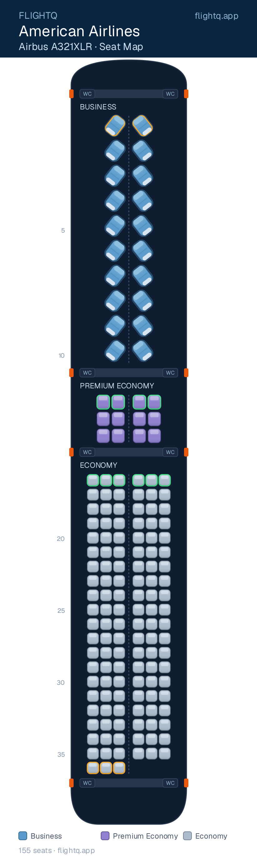 American Airlines Airbus A321XLR seat map with 155 seats across 3 cabins — best seats and rows to avoid
