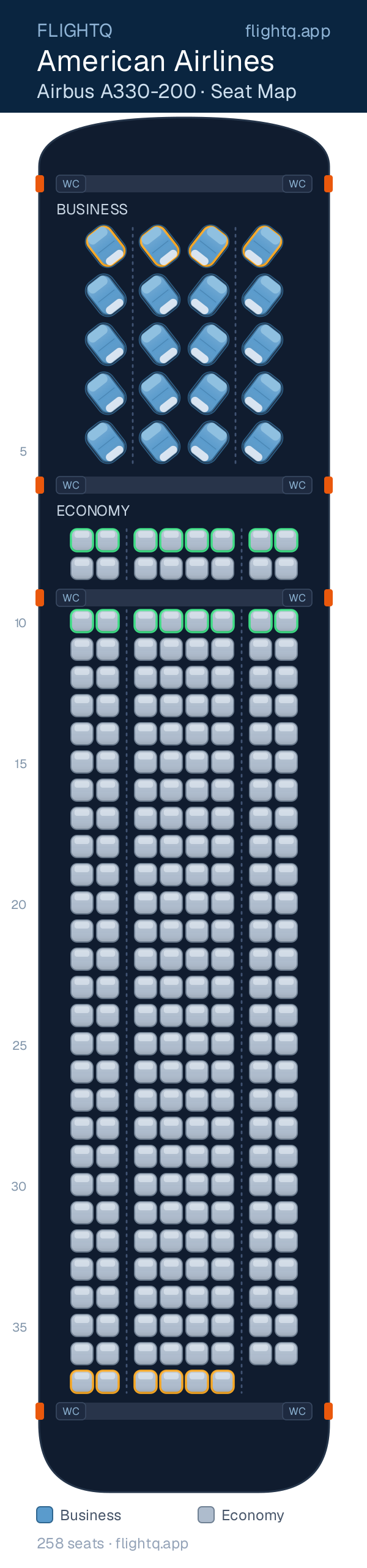 American Airlines Airbus A330-200 seat map with 258 seats across 2 cabins — best seats and rows to avoid
