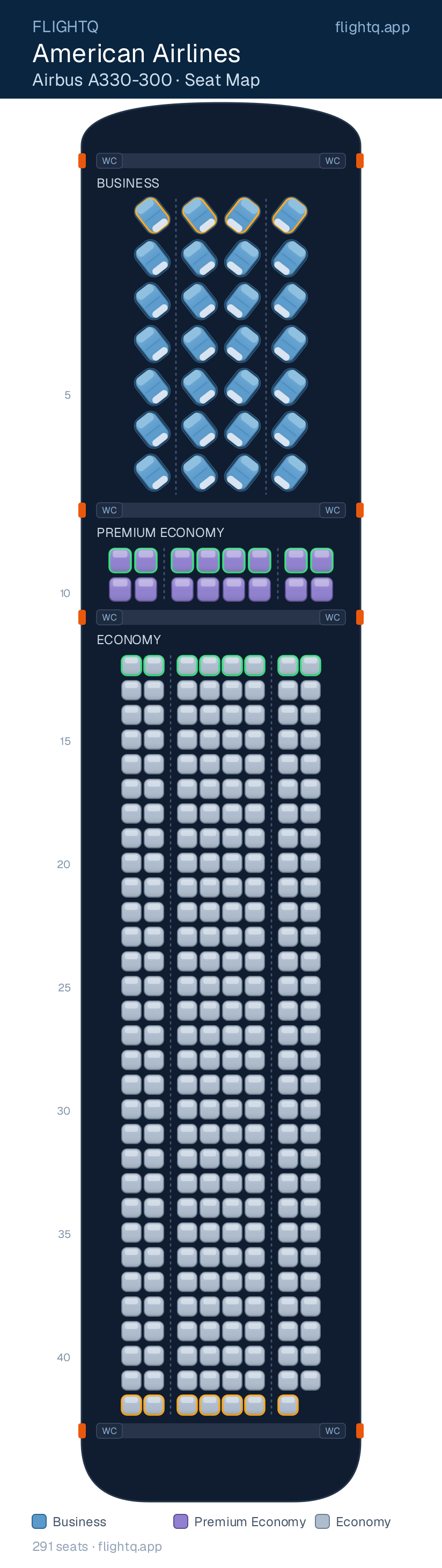 American Airlines Airbus A330-300 seat map with 291 seats across 3 cabins — best seats and rows to avoid