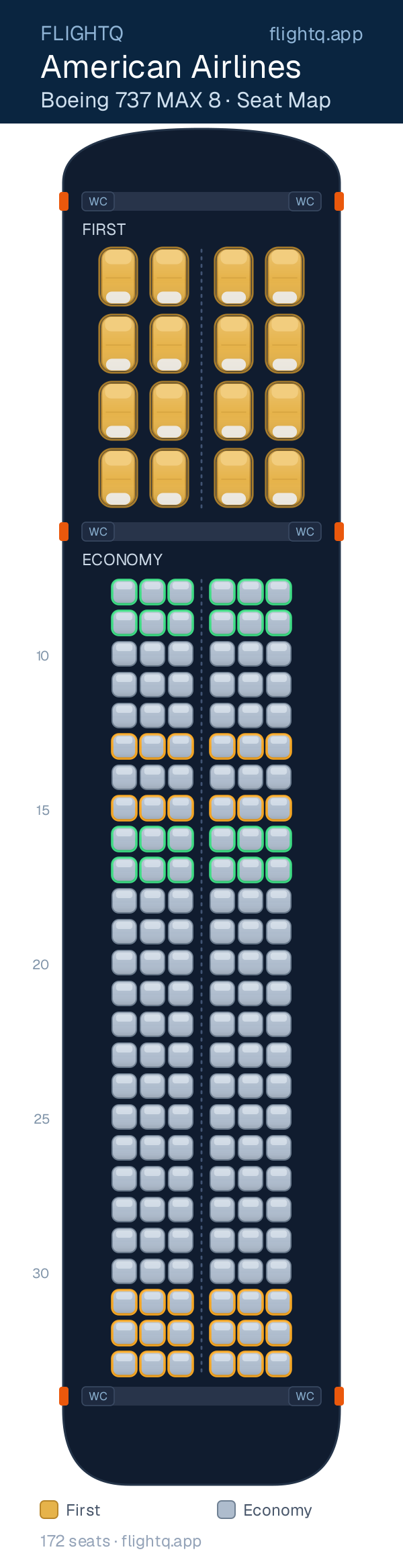 American Airlines Boeing 737 MAX 8 seat map with 172 seats across 2 cabins — best seats and rows to avoid