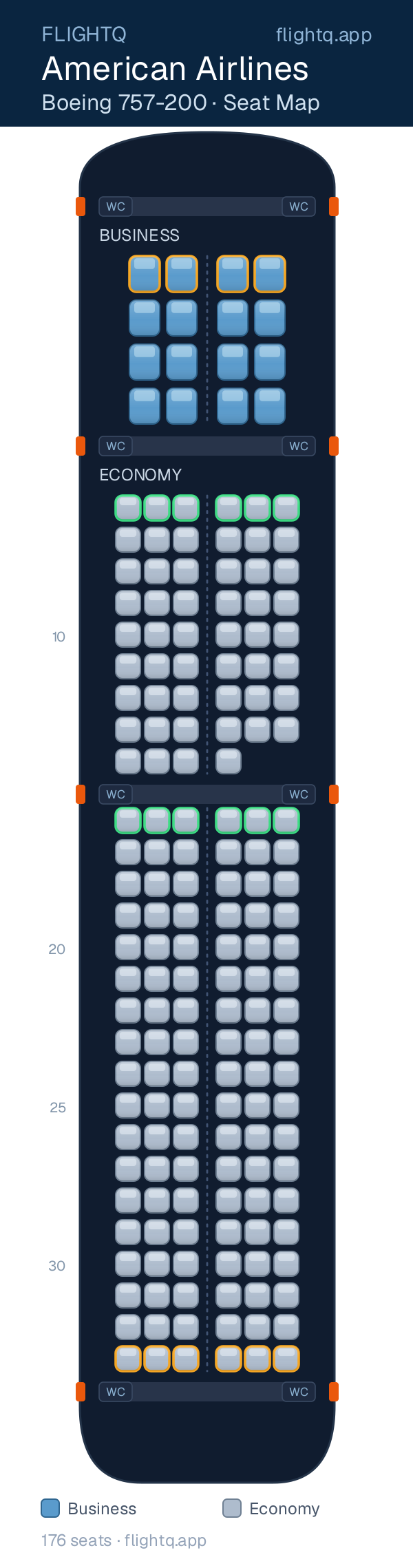 American Airlines Boeing 757-200 seat map with 176 seats across 2 cabins — best seats and rows to avoid