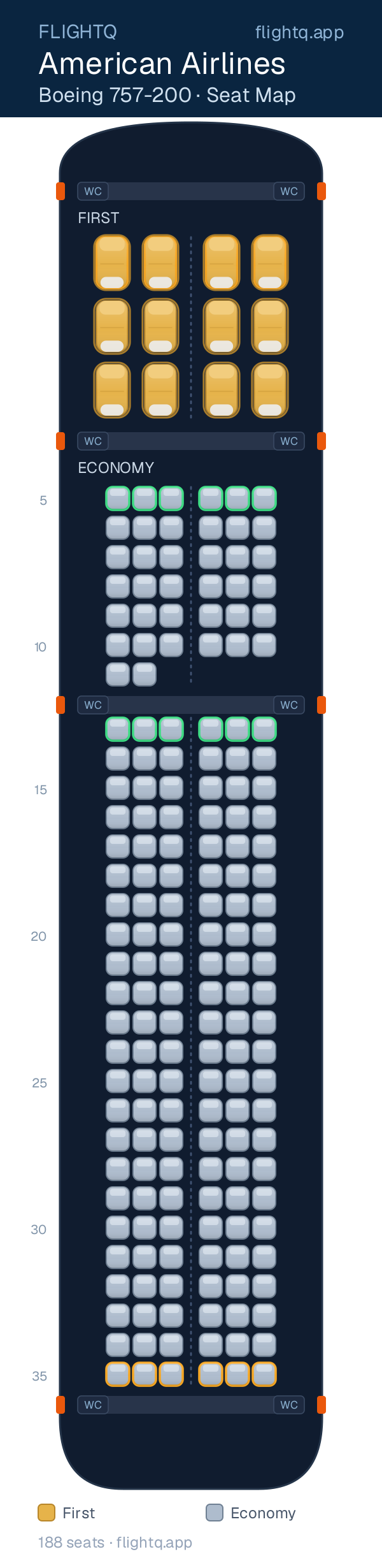 American Airlines Boeing 757-200 seat map with 188 seats across 2 cabins — best seats and rows to avoid