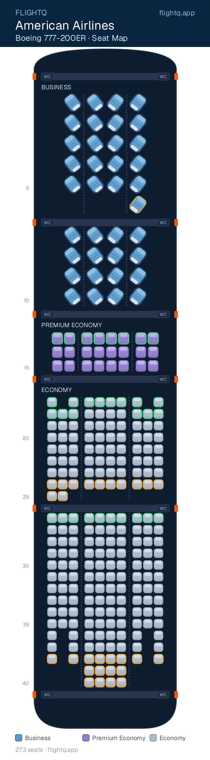 American Airlines Boeing 777-200 seat map with 273 seats across 3 cabins — best seats and rows to avoid