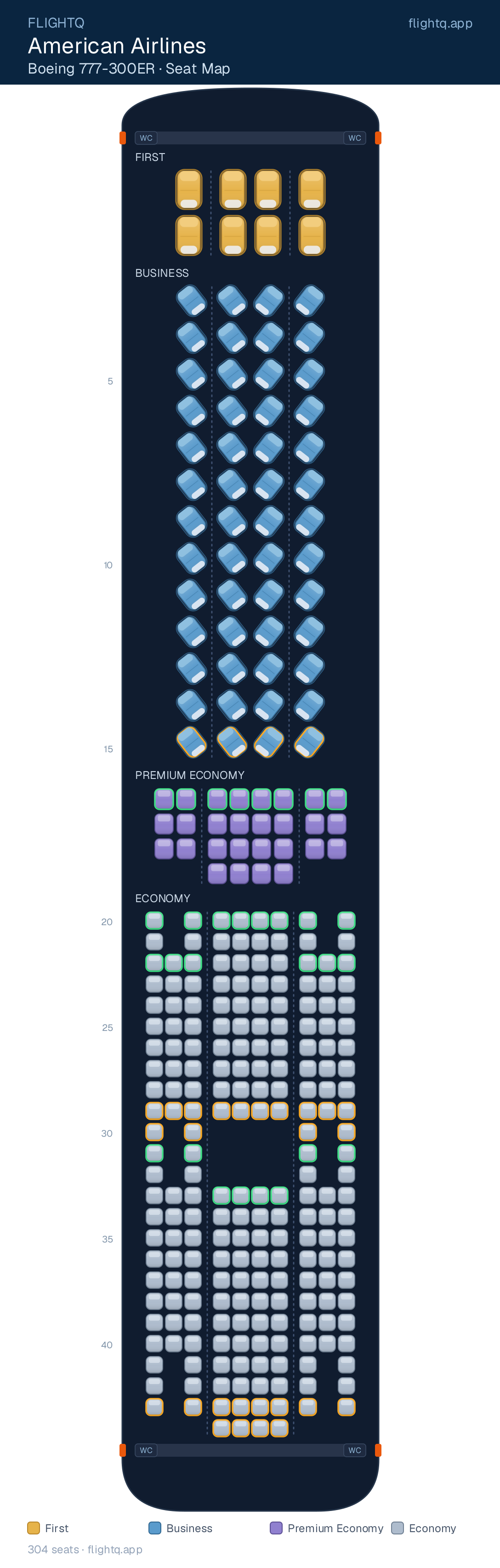American Airlines Boeing 777-300ER seat map with 304 seats across 4 cabins — best seats and rows to avoid