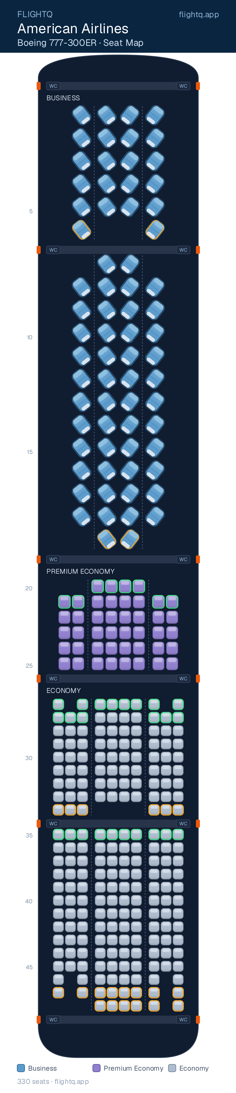 American Airlines Boeing 777-300ER seat map with 330 seats across 3 cabins — best seats and rows to avoid