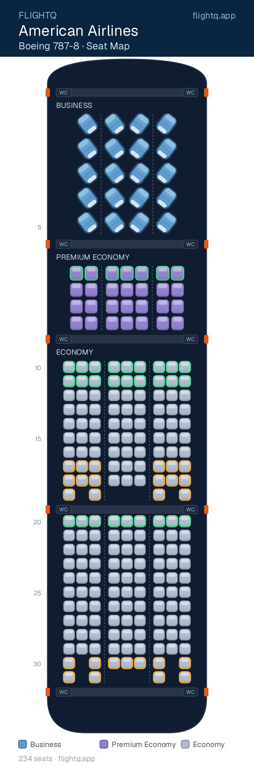 American Airlines Boeing 787-8 Dreamliner seat map with 234 seats across 3 cabins — best seats and rows to avoid