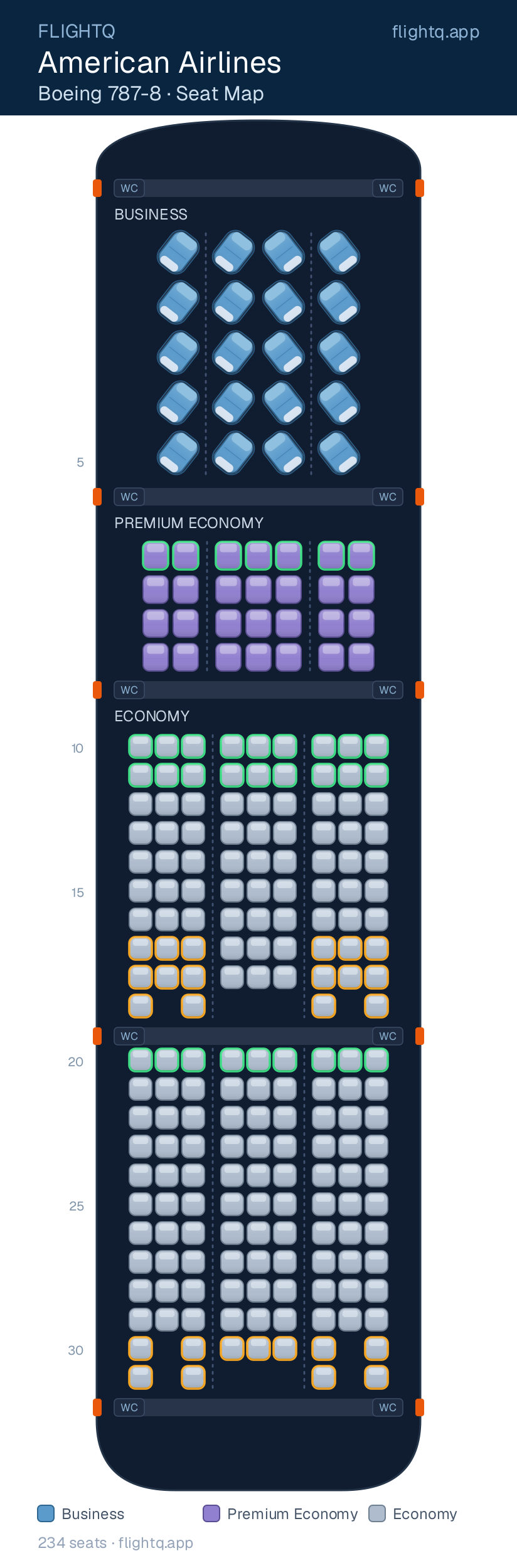 American Airlines Boeing 787-8 Dreamliner seat map with 234 seats across 3 cabins — best seats and rows to avoid