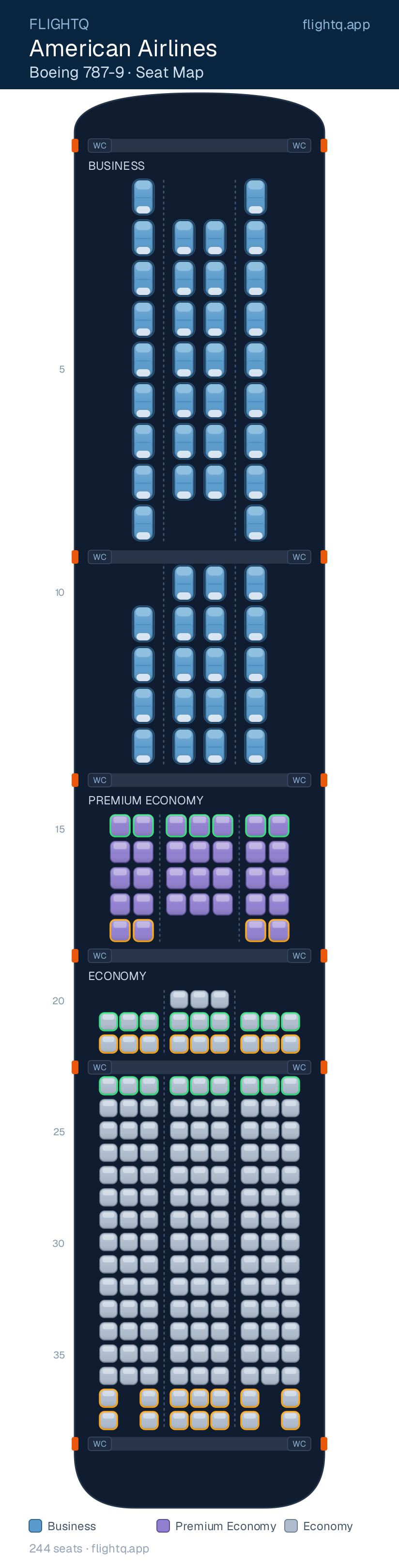 American Airlines Boeing 787-9 Dreamliner seat map with 244 seats across 3 cabins — best seats and rows to avoid