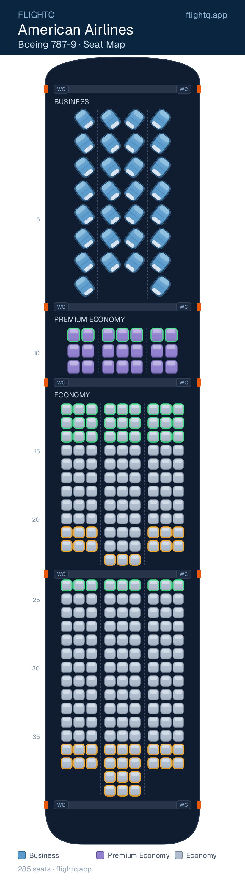 American Airlines Boeing 787-9 Dreamliner seat map with 285 seats across 3 cabins — best seats and rows to avoid