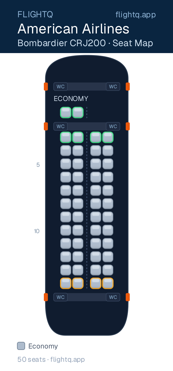 American Airlines Bombardier CRJ200 seat map with 50 seats — best seats and rows to avoid