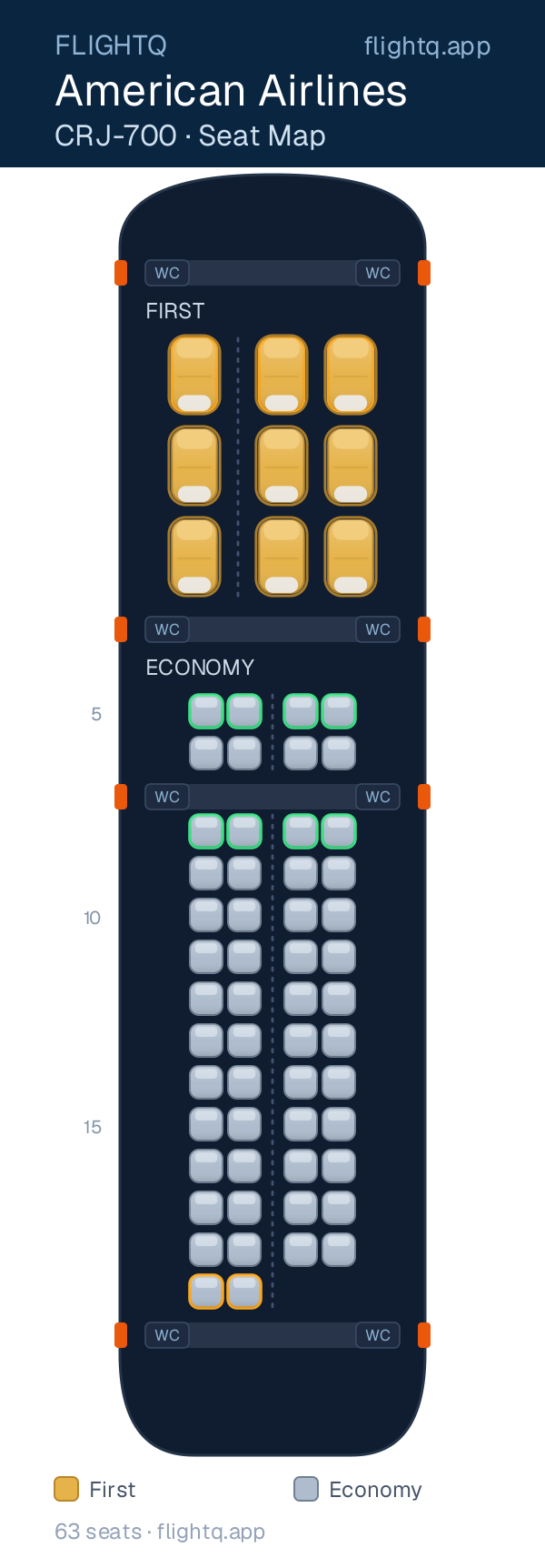 American Airlines Bombardier CRJ700 seat map with 63 seats across 2 cabins — best seats and rows to avoid