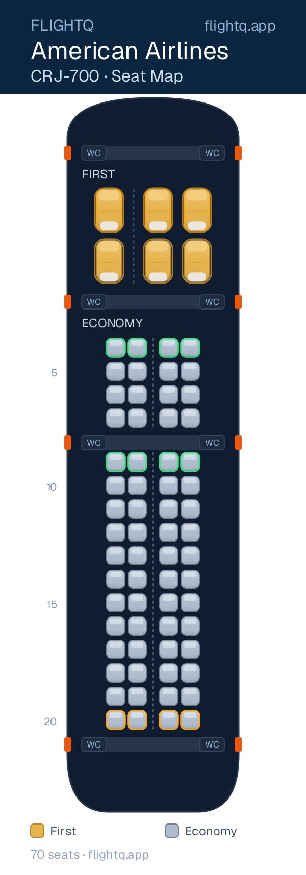 American Airlines Bombardier CRJ700 seat map with 70 seats across 2 cabins — best seats and rows to avoid