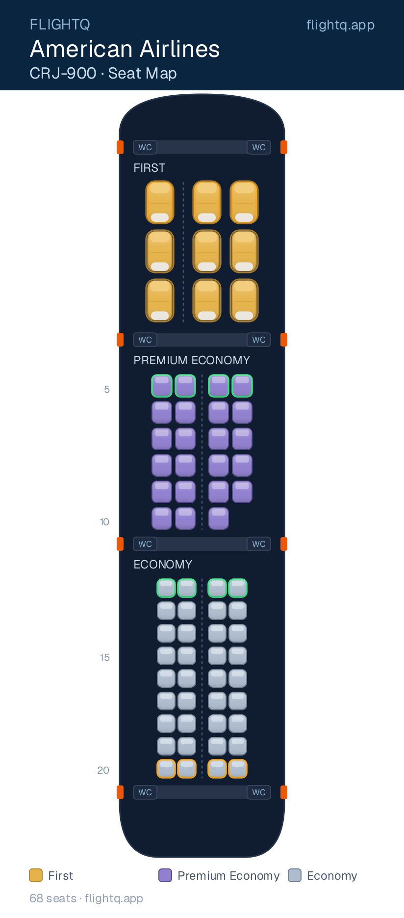 American Airlines Bombardier CRJ900 seat map with 68 seats across 3 cabins — best seats and rows to avoid