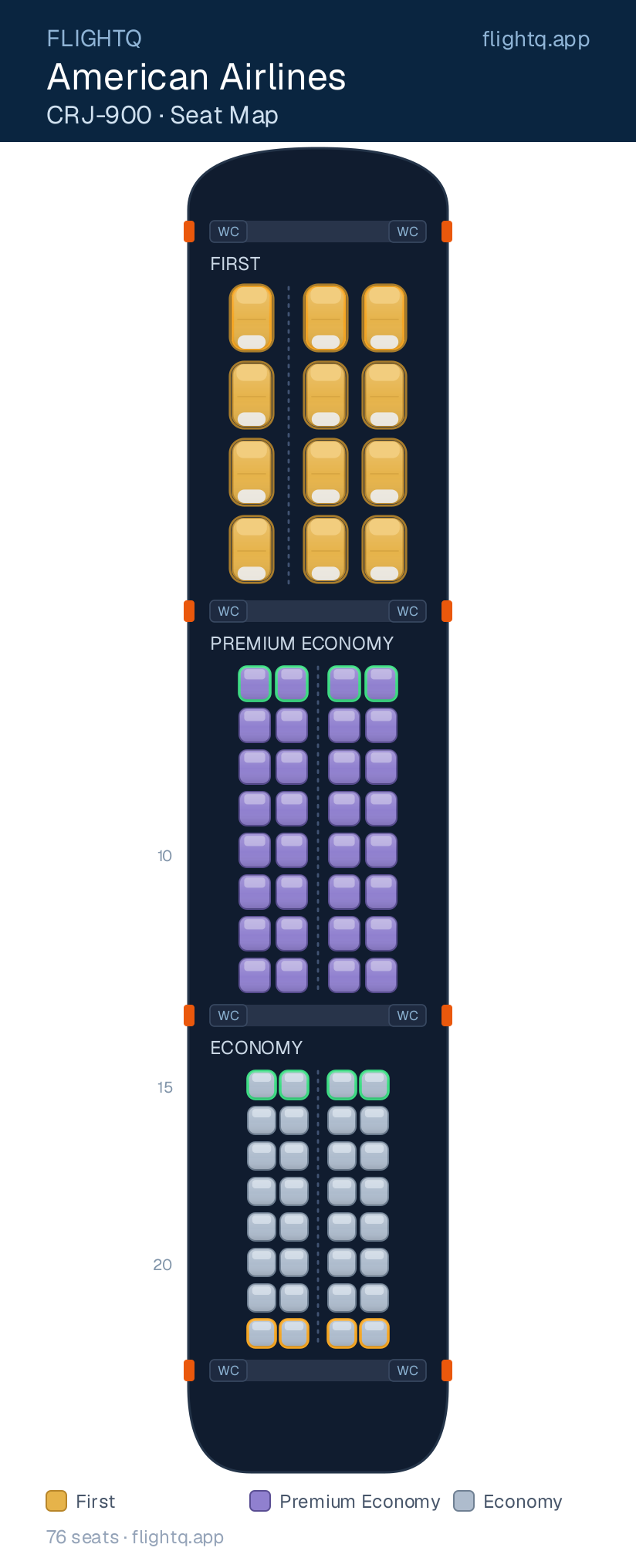 American Airlines Bombardier CRJ900 seat map with 76 seats across 3 cabins — best seats and rows to avoid