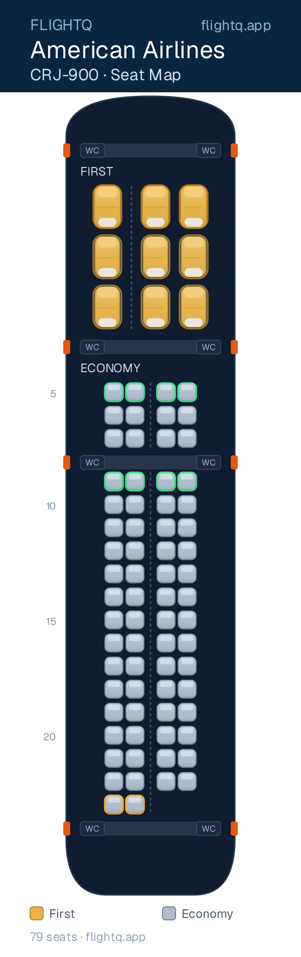 American Airlines Bombardier CRJ900 seat map with 79 seats across 2 cabins — best seats and rows to avoid