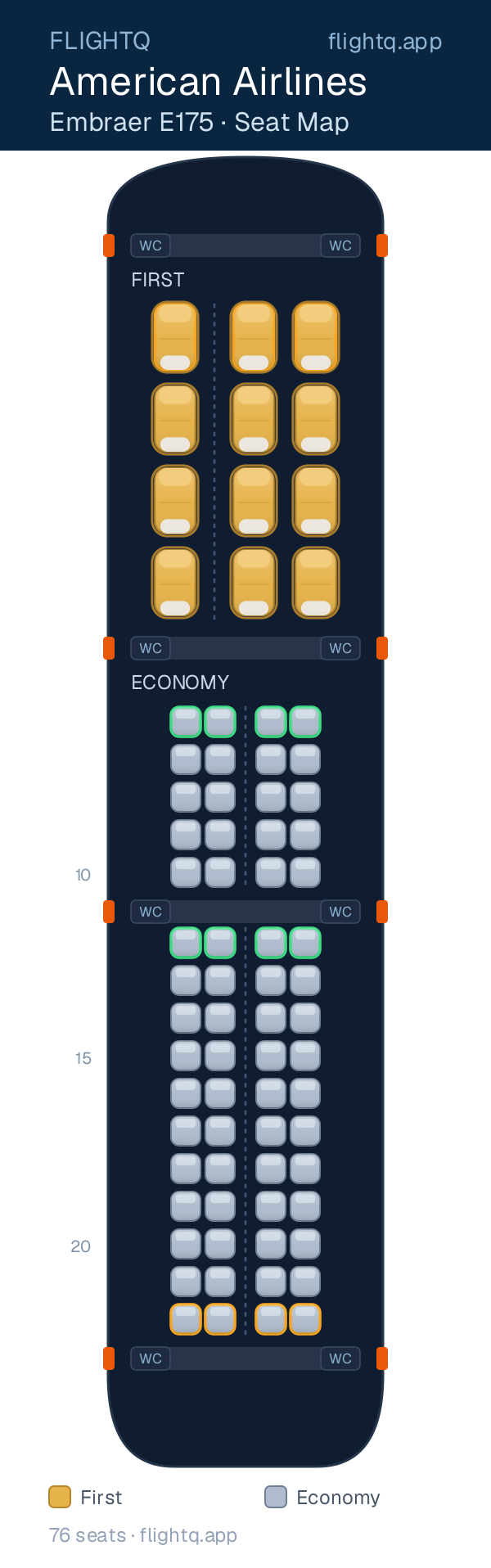 American Airlines Embraer E175 seat map with 76 seats across 2 cabins — best seats and rows to avoid