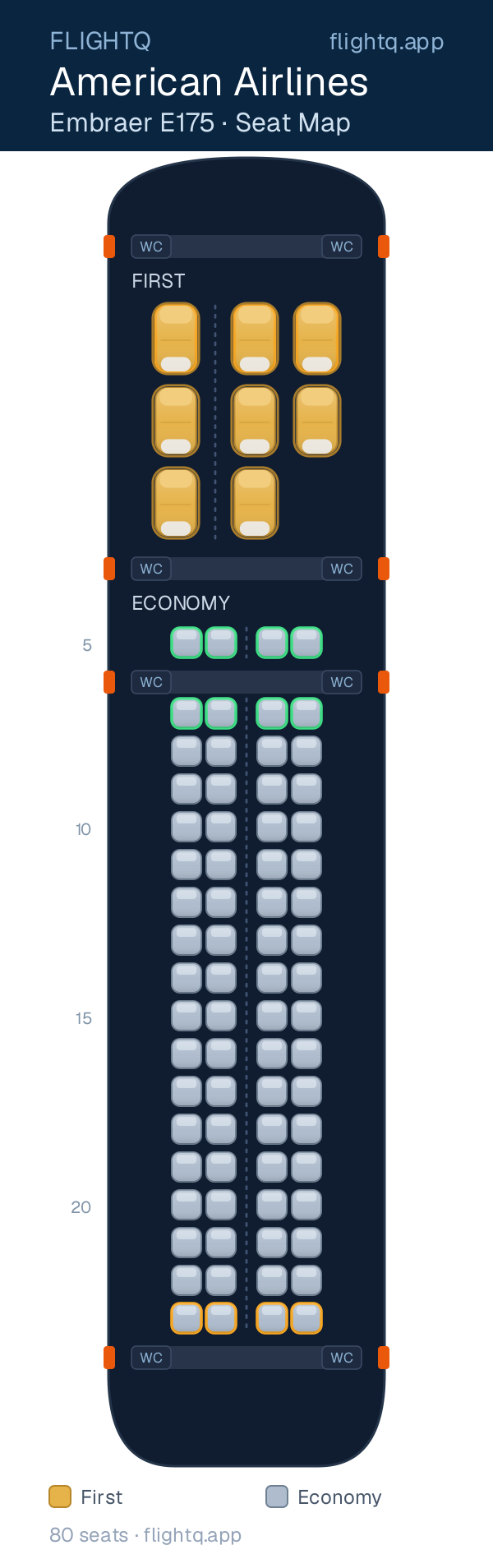 American Airlines Embraer E175 seat map with 80 seats across 2 cabins — best seats and rows to avoid