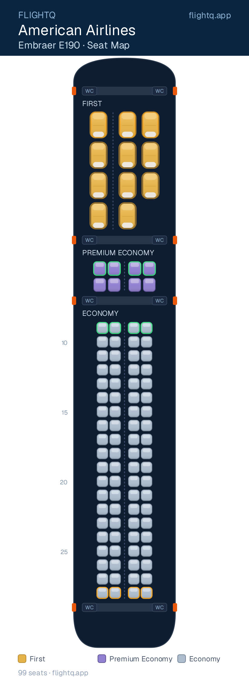 American Airlines Embraer E190 seat map with 99 seats across 3 cabins — best seats and rows to avoid