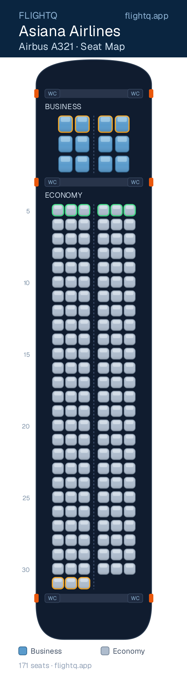 Asiana Airlines Airbus A321 seat map with 171 seats across 2 cabins — best seats and rows to avoid
