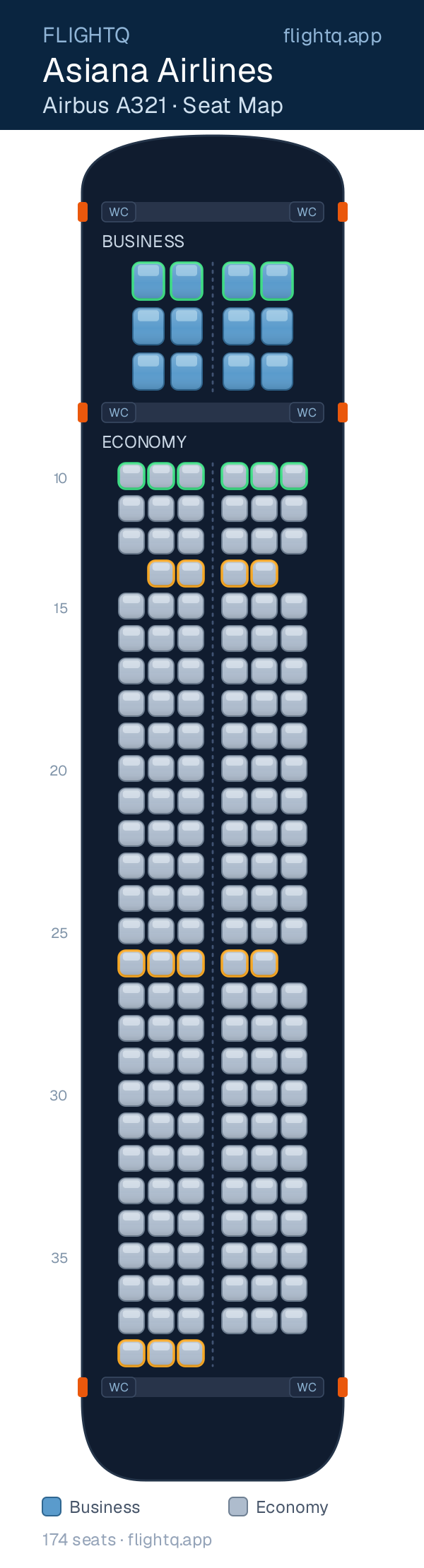 Asiana Airlines Airbus A321 seat map with 174 seats across 2 cabins — best seats and rows to avoid