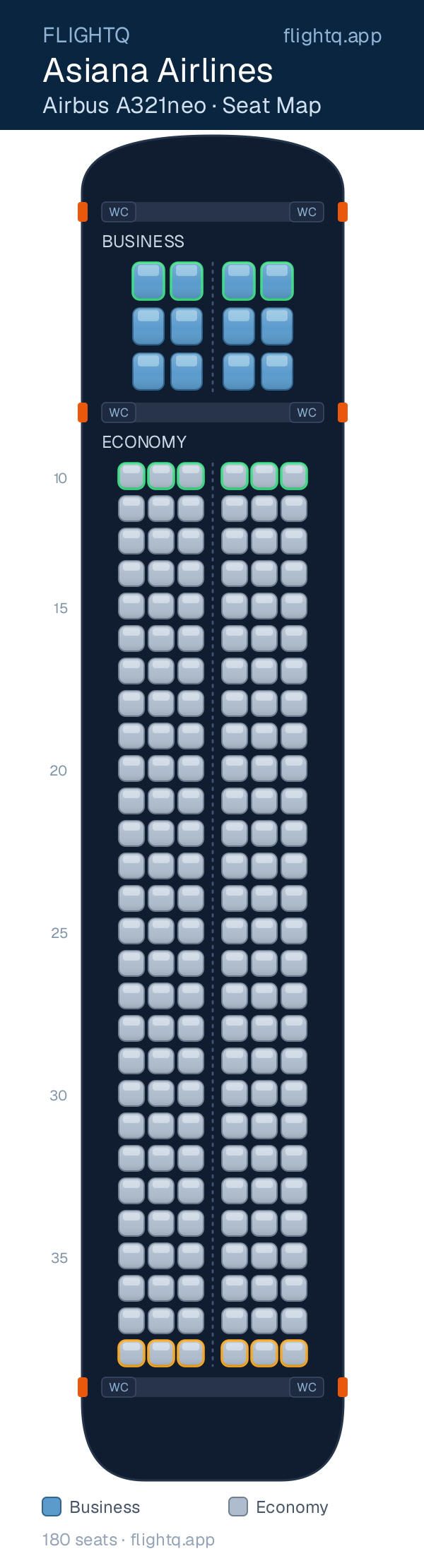 Asiana Airlines Airbus A321neo seat map with 180 seats across 2 cabins — best seats and rows to avoid